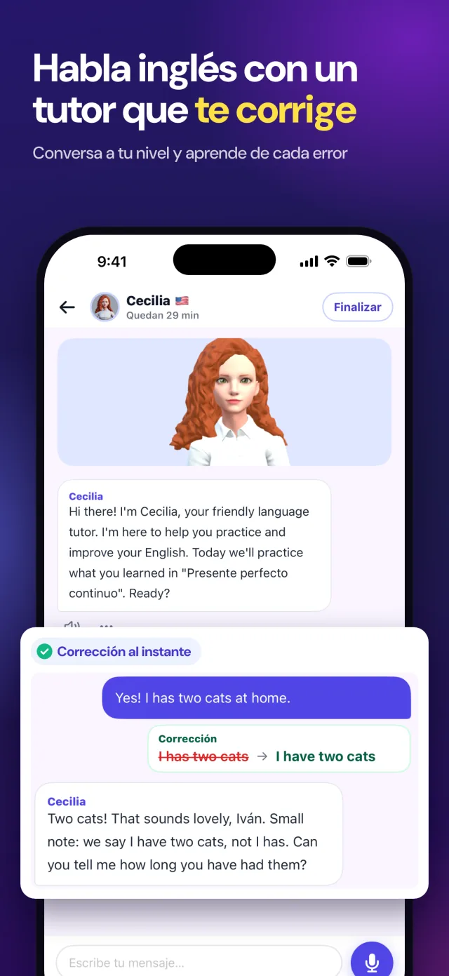 Charla con el tutor IA en la app: Cecilia corrige «I has two cats» por «I have two cats».
