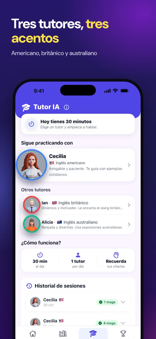 Pantalla Tutor IA: tres tutores con acento americano, británico y australiano.