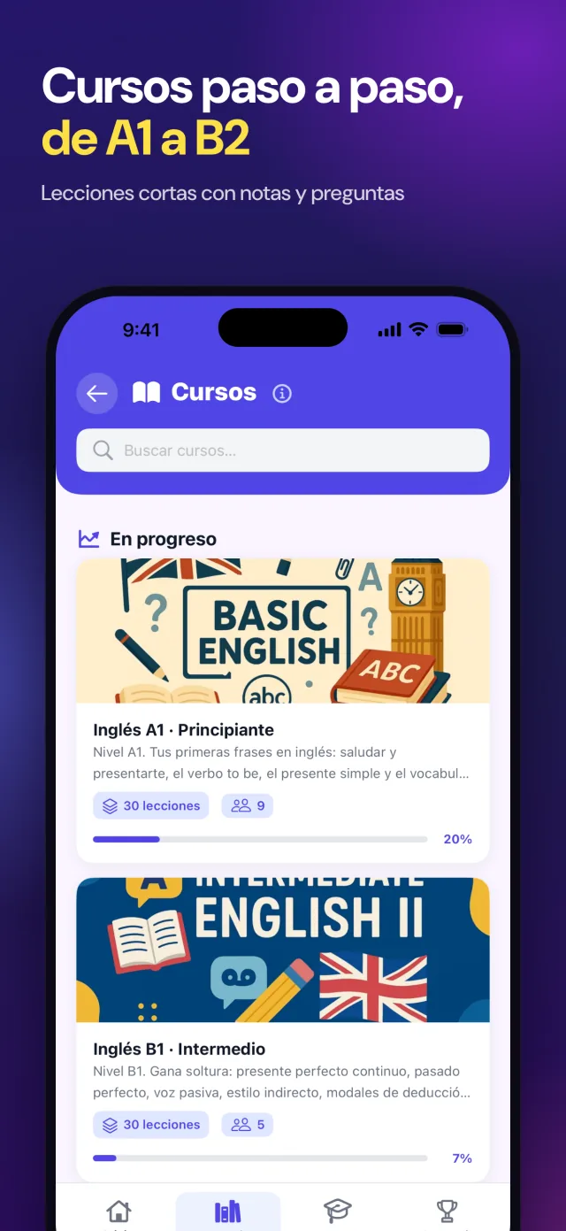 Cursos de A1 a B2, con lecciones cortas, notas y preguntas.