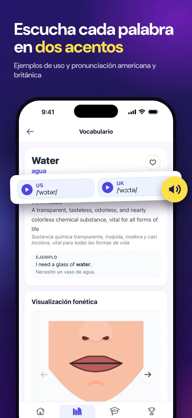 Vocabulario: la palabra «water» con pronunciación americana y británica y un ejemplo de uso.