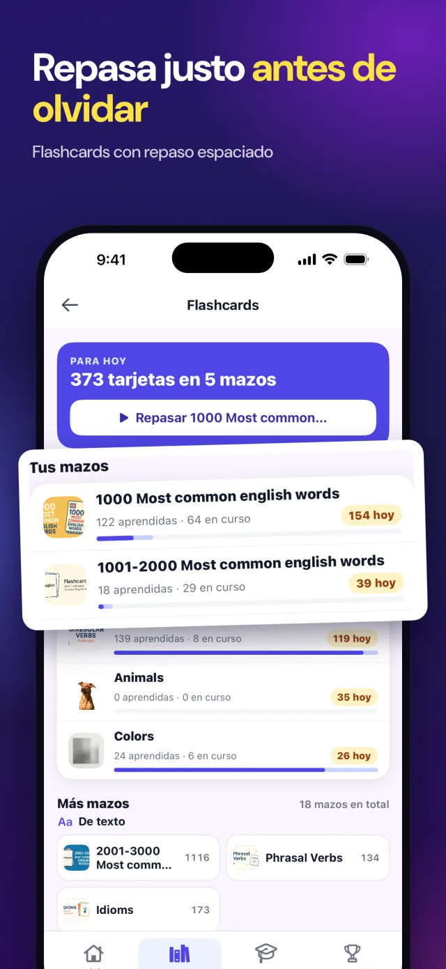 Flashcards con repaso espaciado: las tarjetas de hoy en tus mazos.