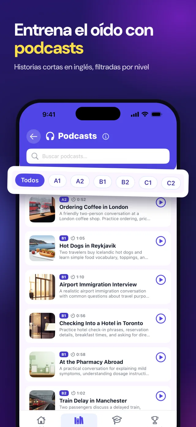 Podcasts: historias cortas en inglés, filtradas por nivel.